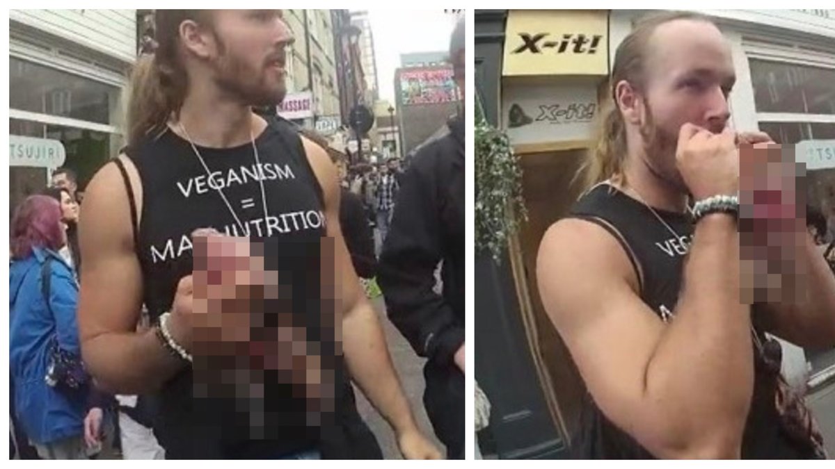 Män åt ekorrar utanför vegansk restaurang.